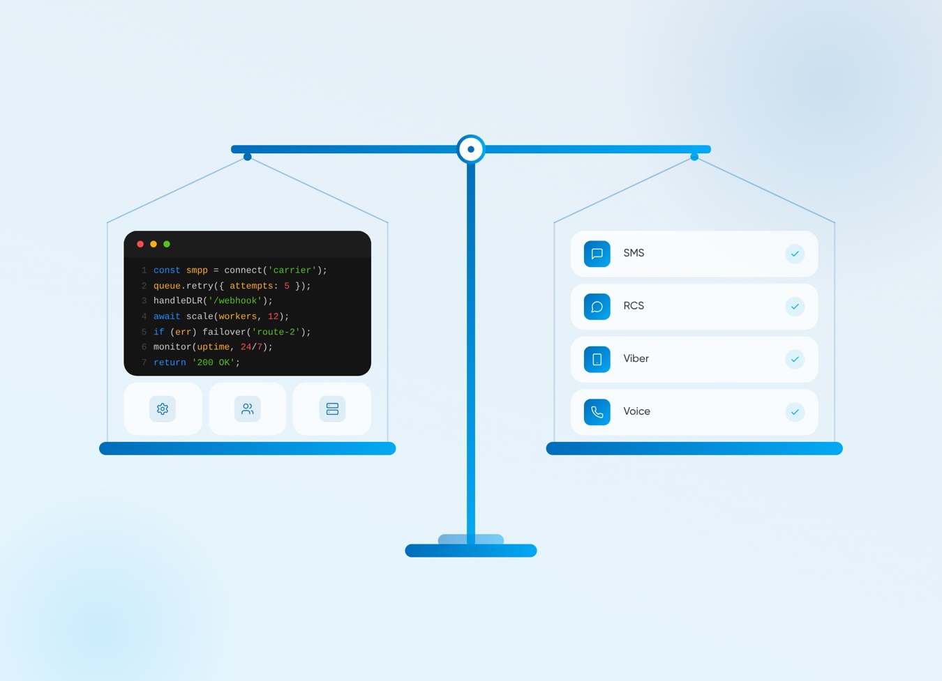 Balance scale comparing building messaging in-house with code and developers versus buying a CPaaS platform with messaging channels