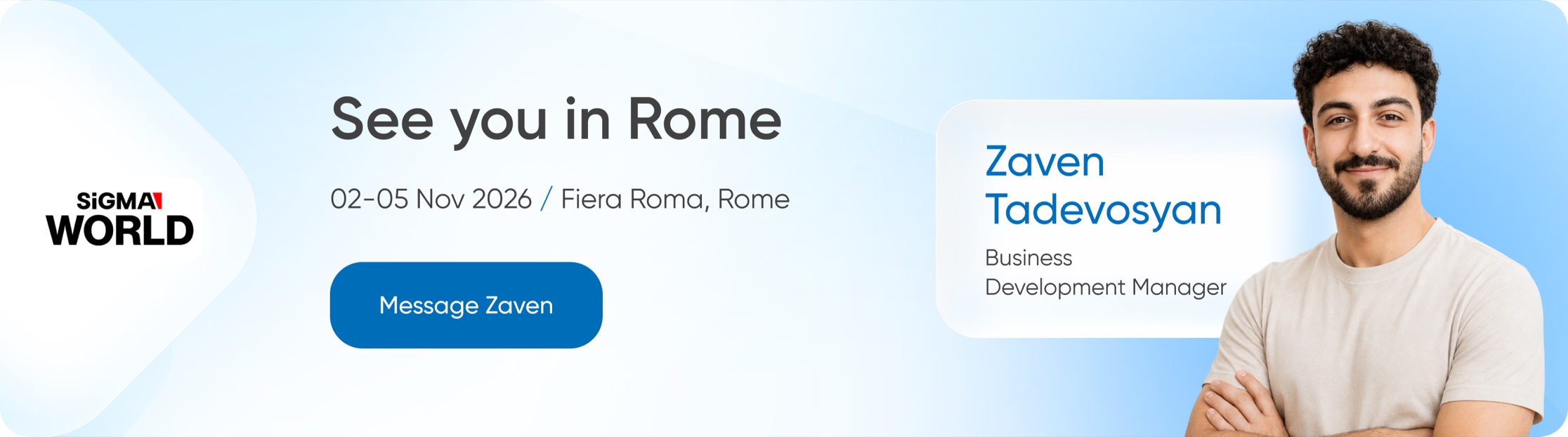 Zaven Tadevosyan, Business Development Manager at BSG, at SiGMA World 2026 in Rome, 2–5 November 2026