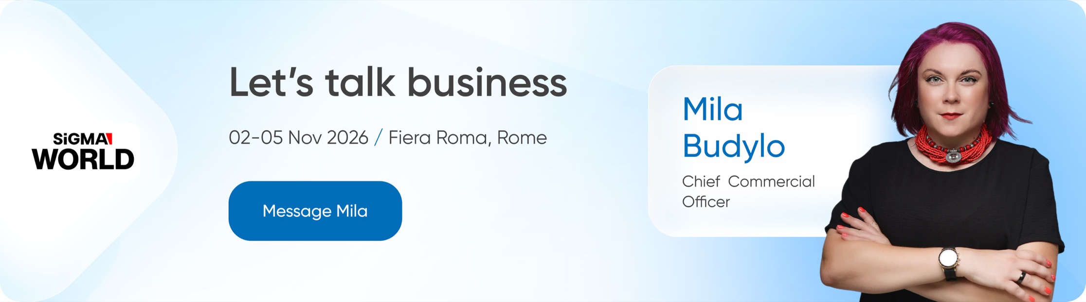 Mila Budylo, Chief Commercial Officer at BSG, at SiGMA World 2026, Fiera Roma, Rome, 2–5 November 2026