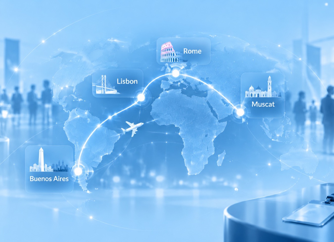 World map with a flight route linking Muscat, Rome, Lisbon and Buenos Aires over a conference networking hall