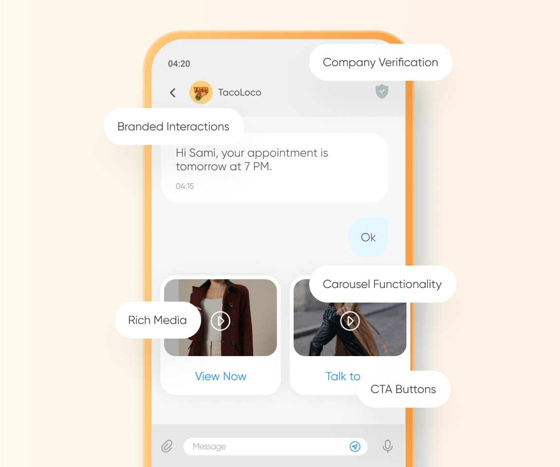 Example of an RCS conversation with branded rich media in the messaging app