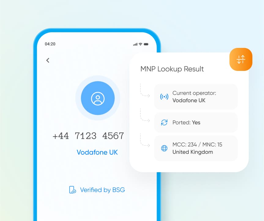 MNP Lookup response with country and operator MCC-MNC codes for precise routing